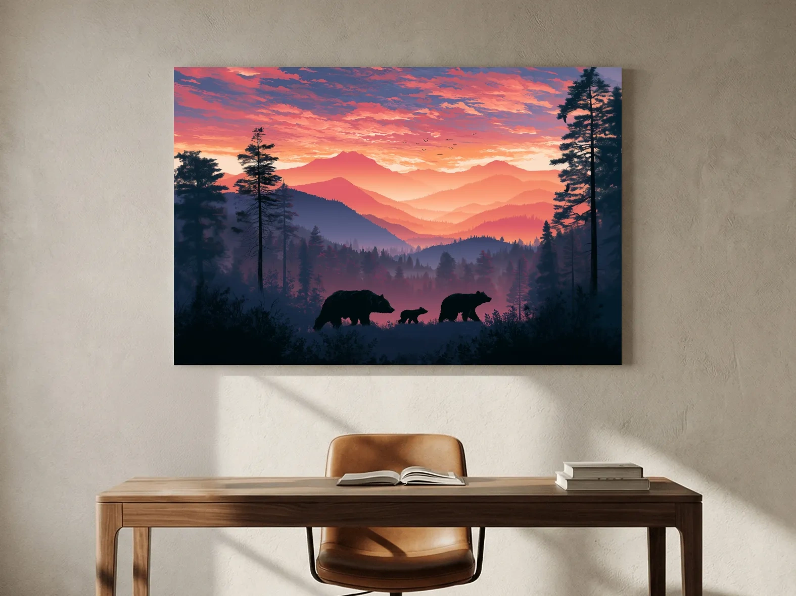 Moody Sunset Mountain Bear Family Silhouettes - Wildlife Wall Art