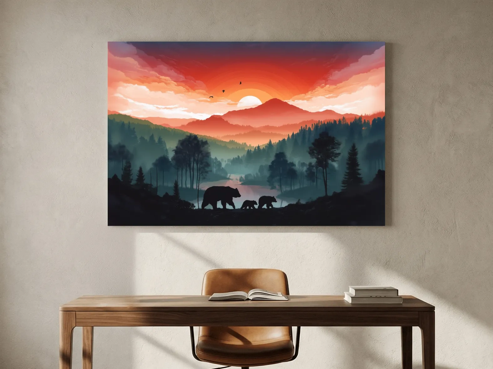 Sunset Bear Family Silhouette Landscape - Misty Mountain Forest Wall Art
