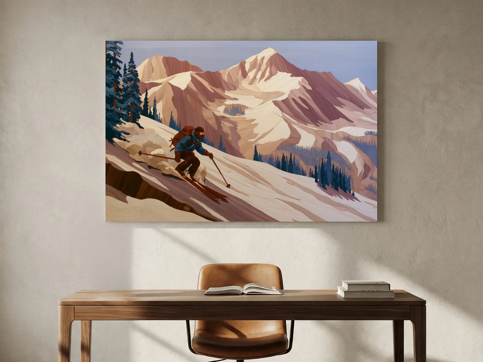 Backcountry Skier Descending Snowy Alpine Peaks - Modern Outdoor Adventure Wall Art