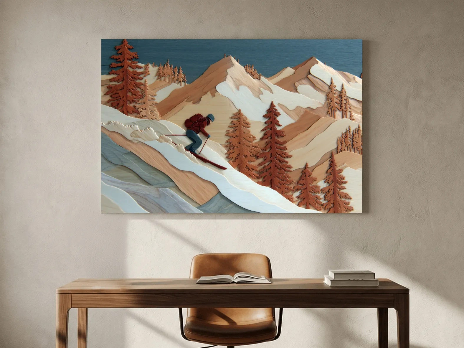 Wood Intarsia Style Skier Mountain Scene - Winter Alpine Wall Art