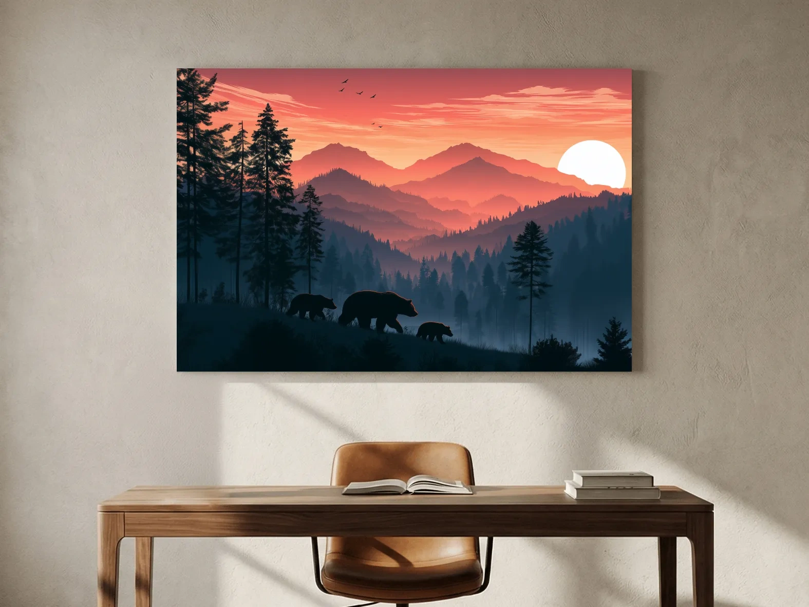 Bear Family Silhouette Mountain Sunset - Wildlife Landscape Wall Art