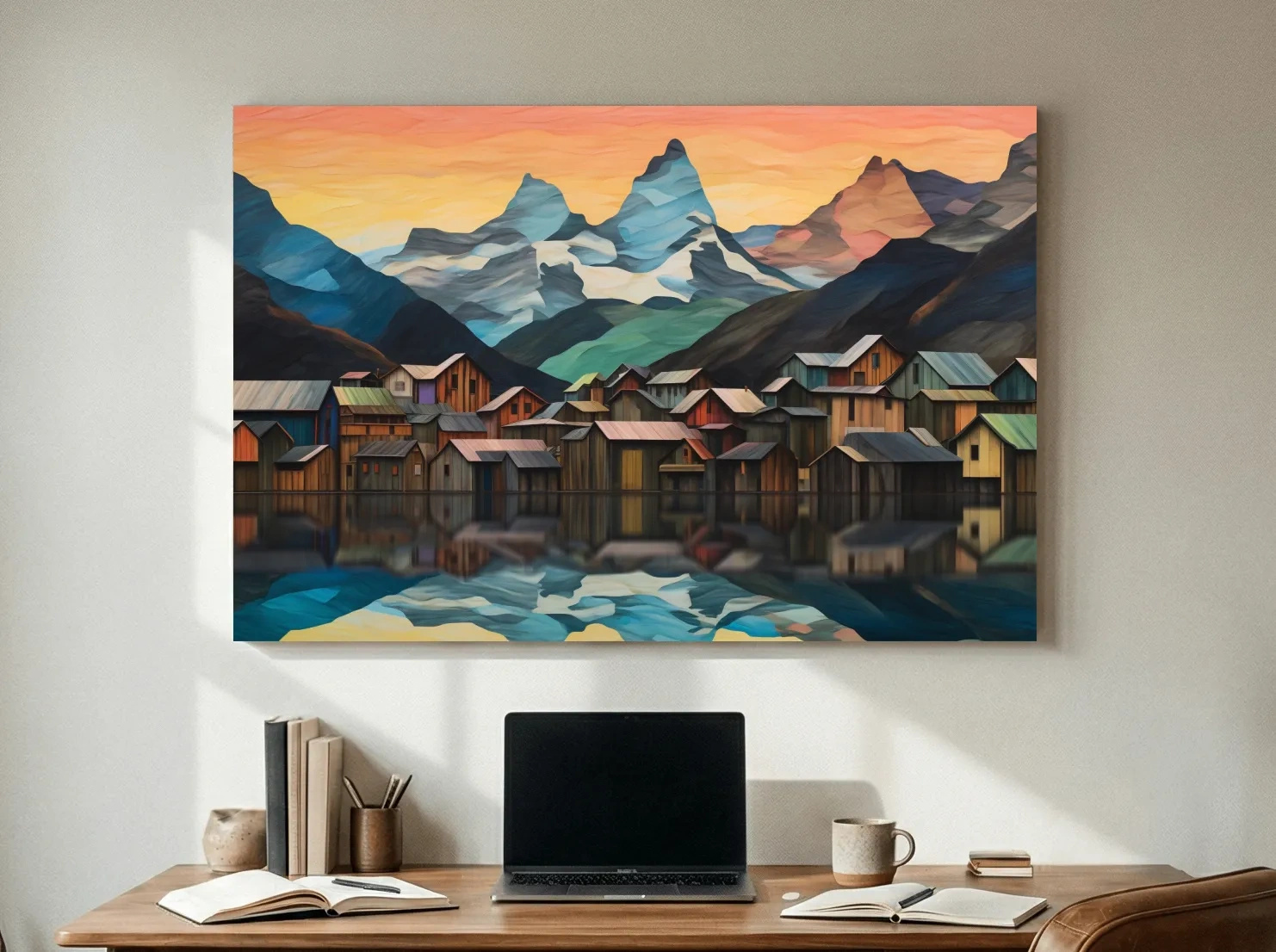 Alpine Mountain Village Reflections - Colorful Paper Cut Style Wall Art