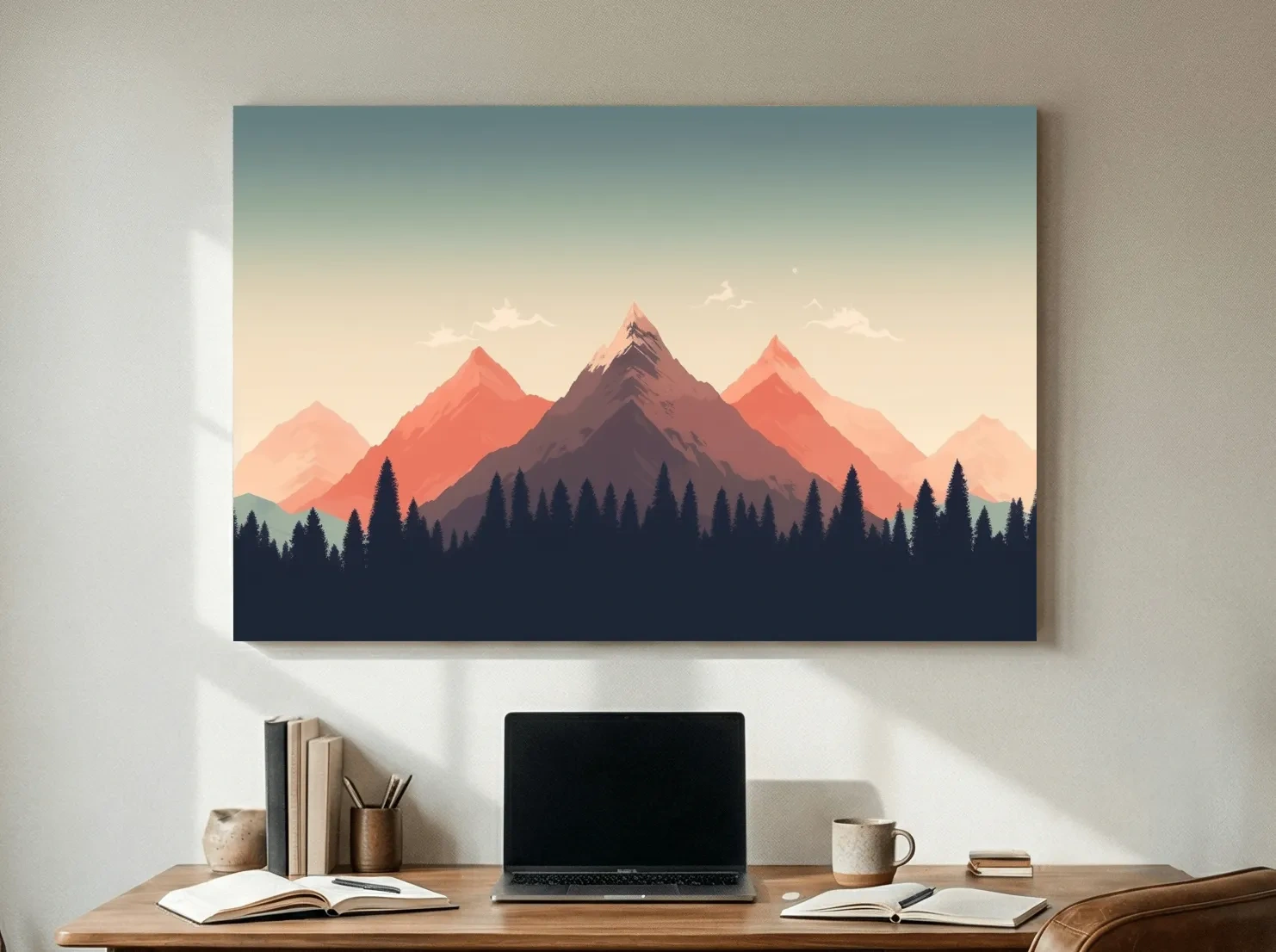 Minimalist Alpine Mountain Sunrise Artwork - Modern Scandinavian Forest Wall Art