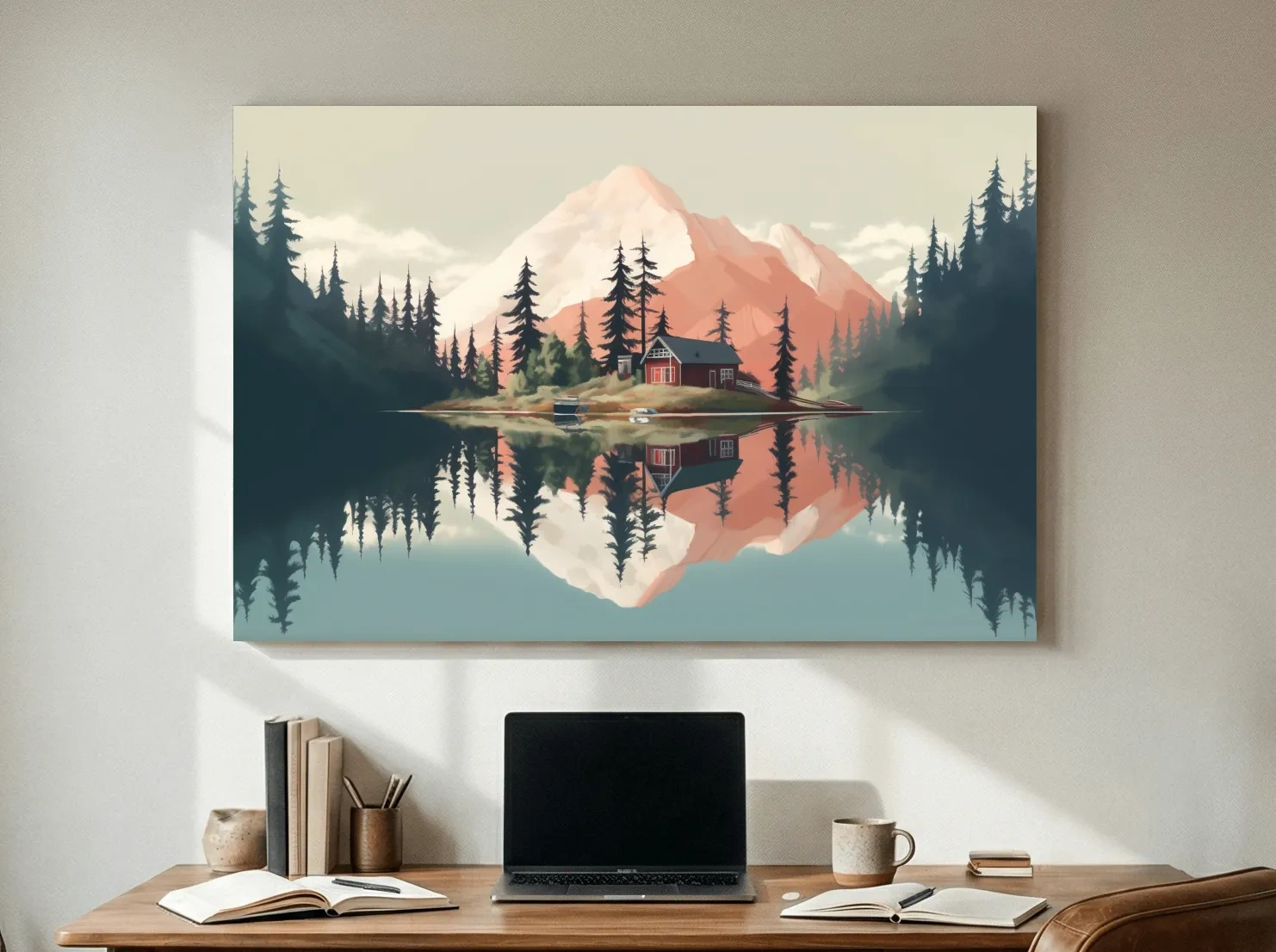 Serene Alpine Lake Cabin Artwork - Minimalist Mountain Landscape Wall Art