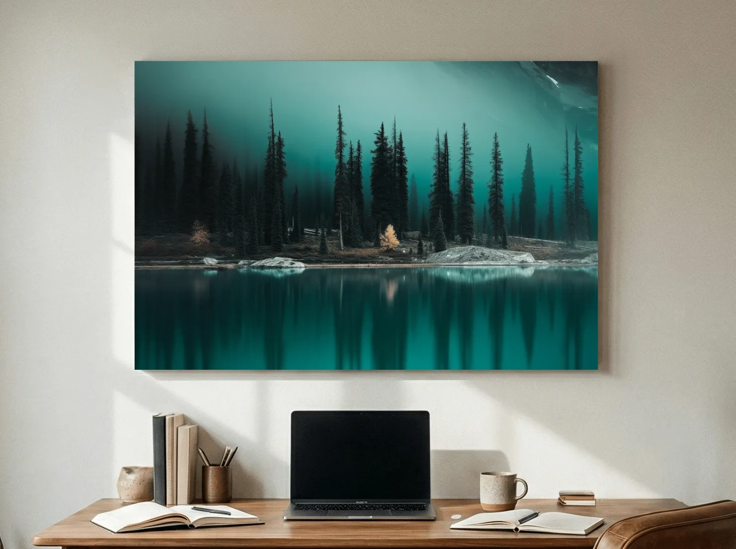 Misty Pine Forest Turquoise Alpine Lake - Serene Mountain Landscape Wall Art