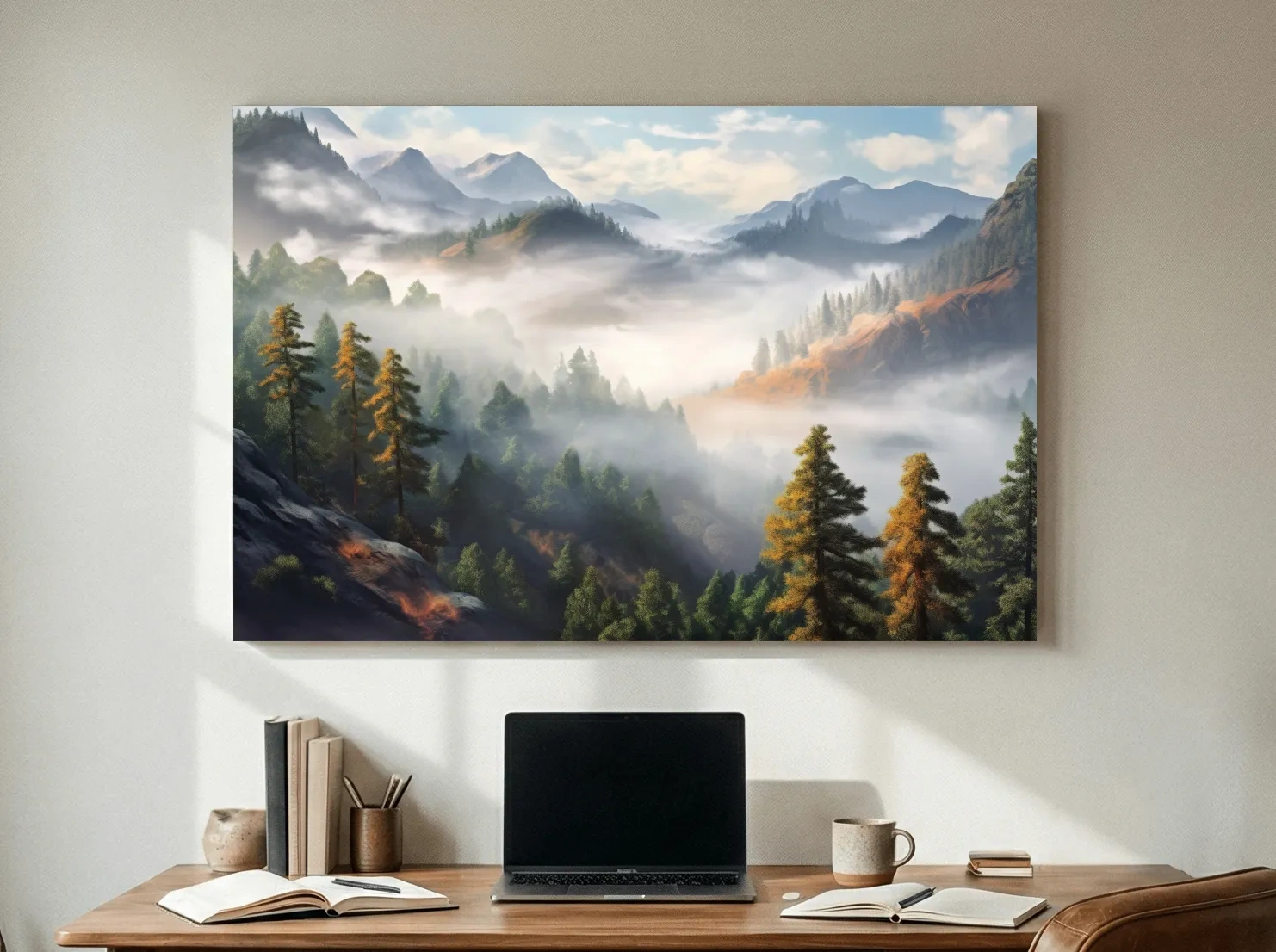 Misty Mountain Valley Forest Landscape - Serene Foggy Nature Painting Wall Art