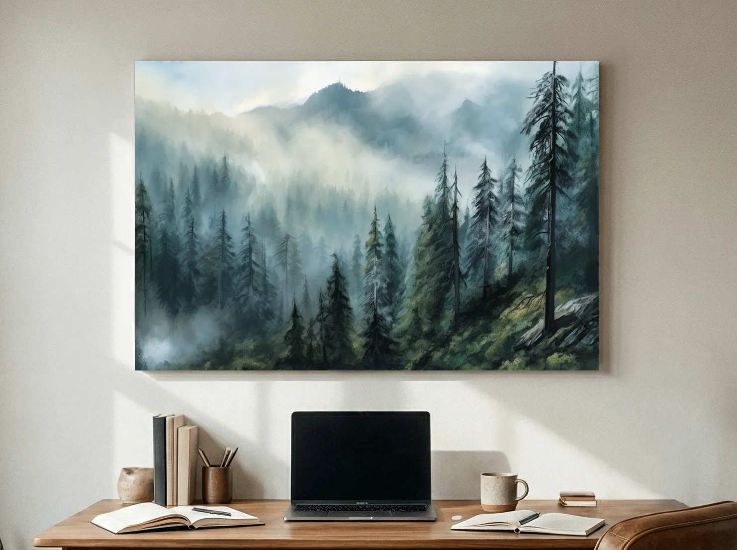 Misty Evergreen Forest Mountain Landscape - Moody Watercolor Nature Wall Art