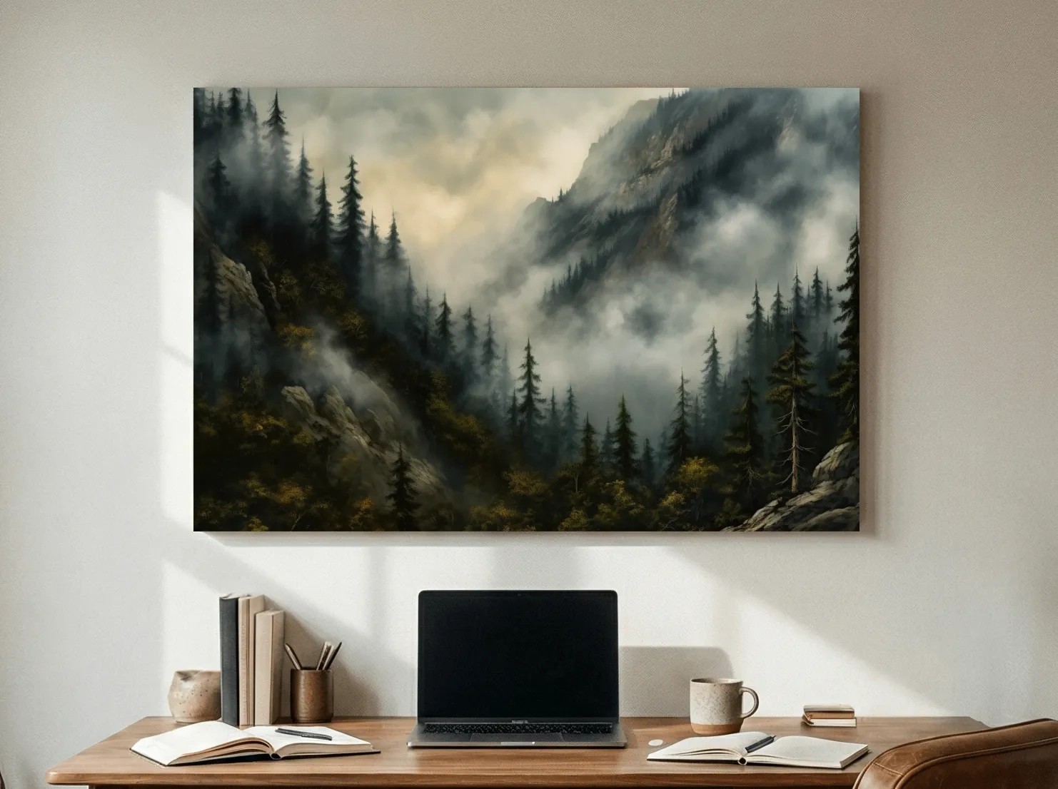 Moody Misty Mountain Pine Forest - Foggy Alpine Landscape Wall Art