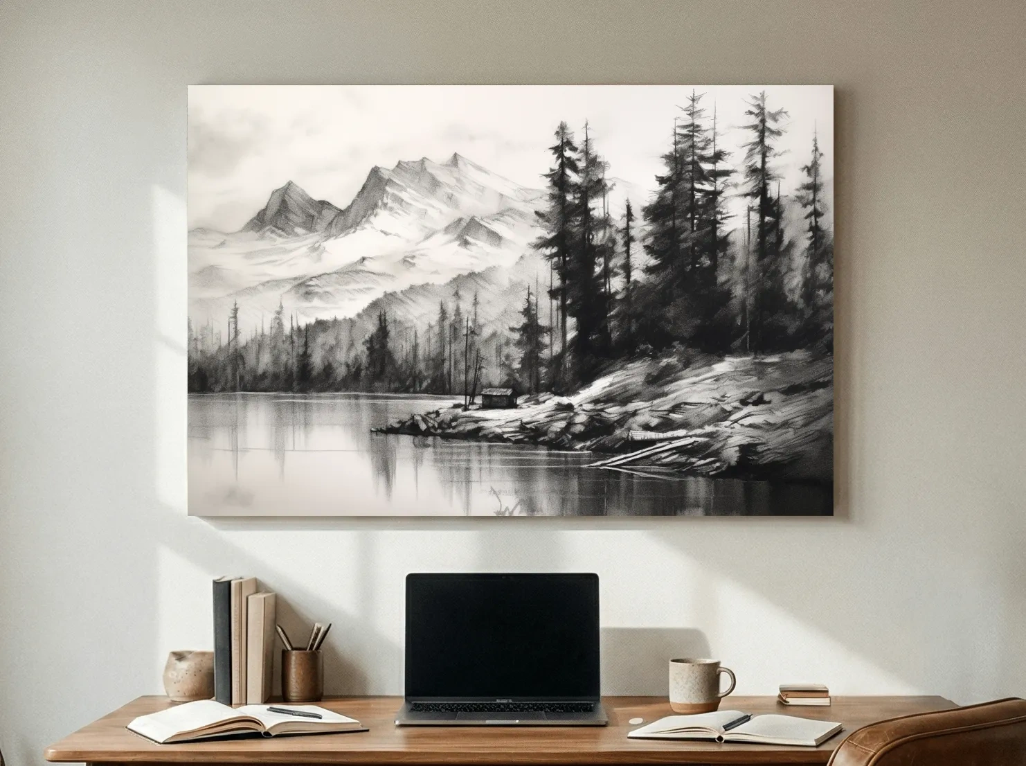 Monochrome Mountain Lake Charcoal Sketch - Pine Forest Landscape Wall Art
