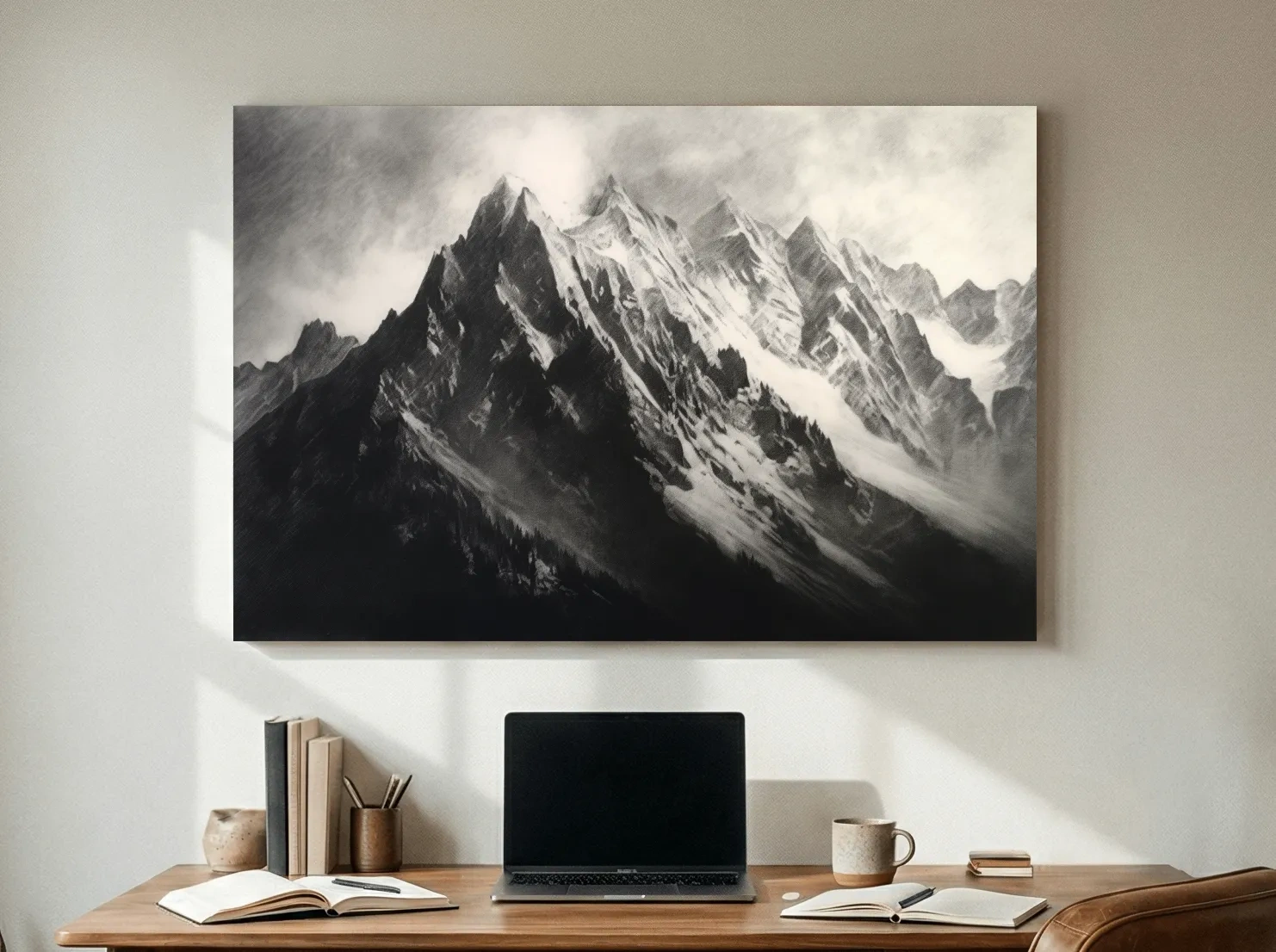 Moody Monochrome Snowy Mountain Peaks - Dramatic Charcoal Landscape Artwork
