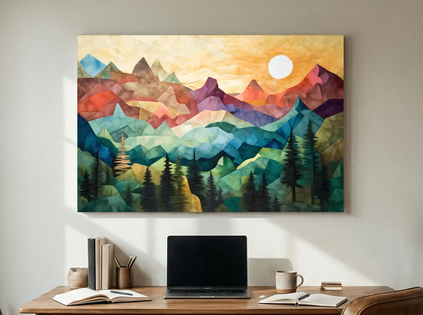 Abstract Sunset Mountain Canvas - Vibrant Patchwork Mosaic Art