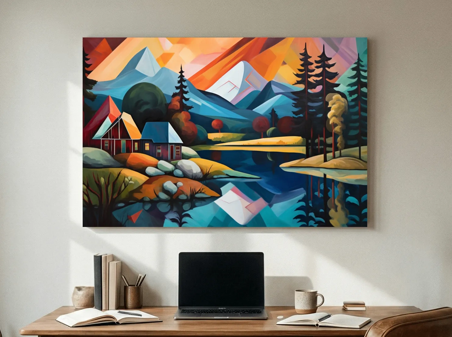 Vibrant Geometric Mountain Lake Cabin Oil Painting - Modern Abstract Wall Art