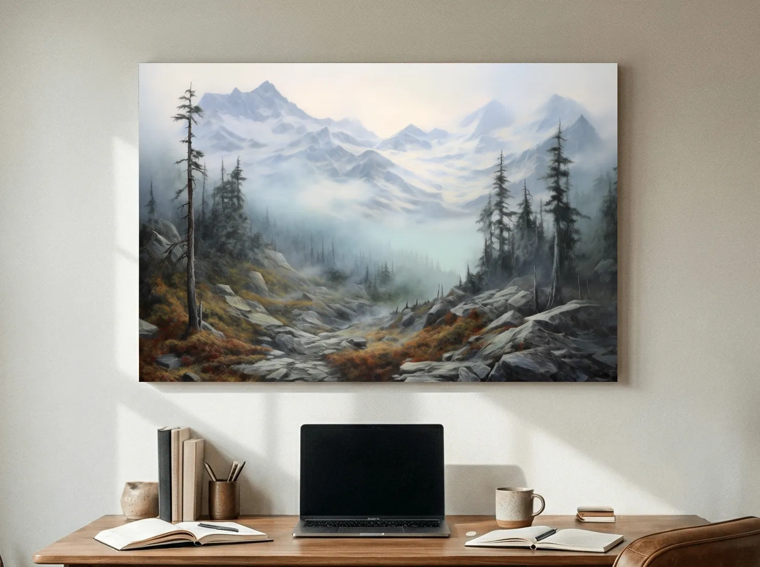 Misty Alpine Valley Painting - Moody Foggy Mountain Landscape Wall Art