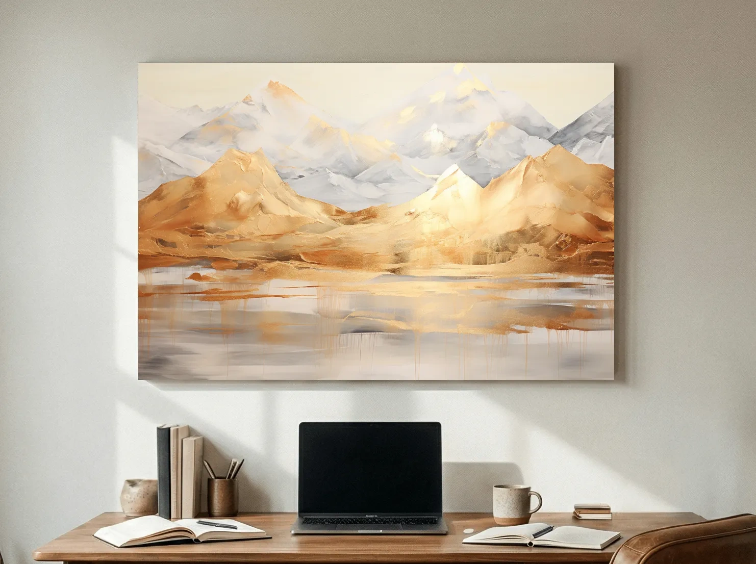 Luxe Golden Abstract Mountain Lake Painting - Elegant Landscape Wall Art