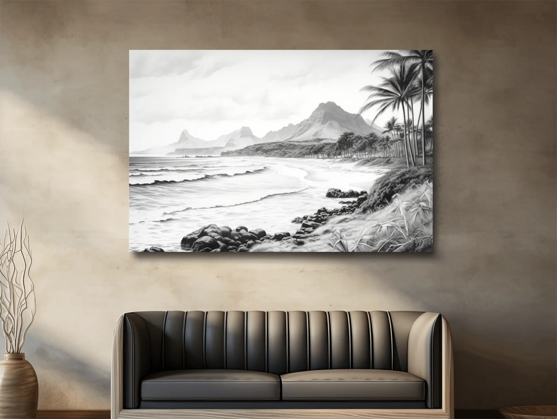 Black and white drawing of a tropical beach mountain scene