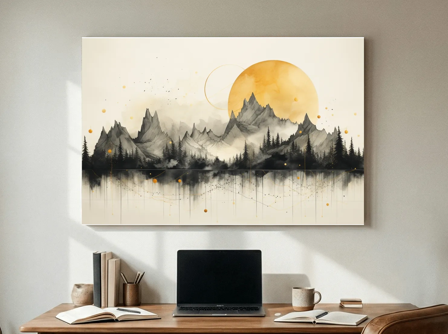 Golden Sun Abstract Mountain Range - Minimalist Watercolor Landscape Wall Art