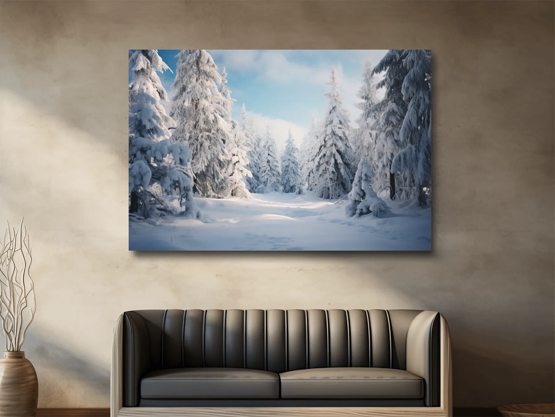 Photographic art, snow covered hemlock trees