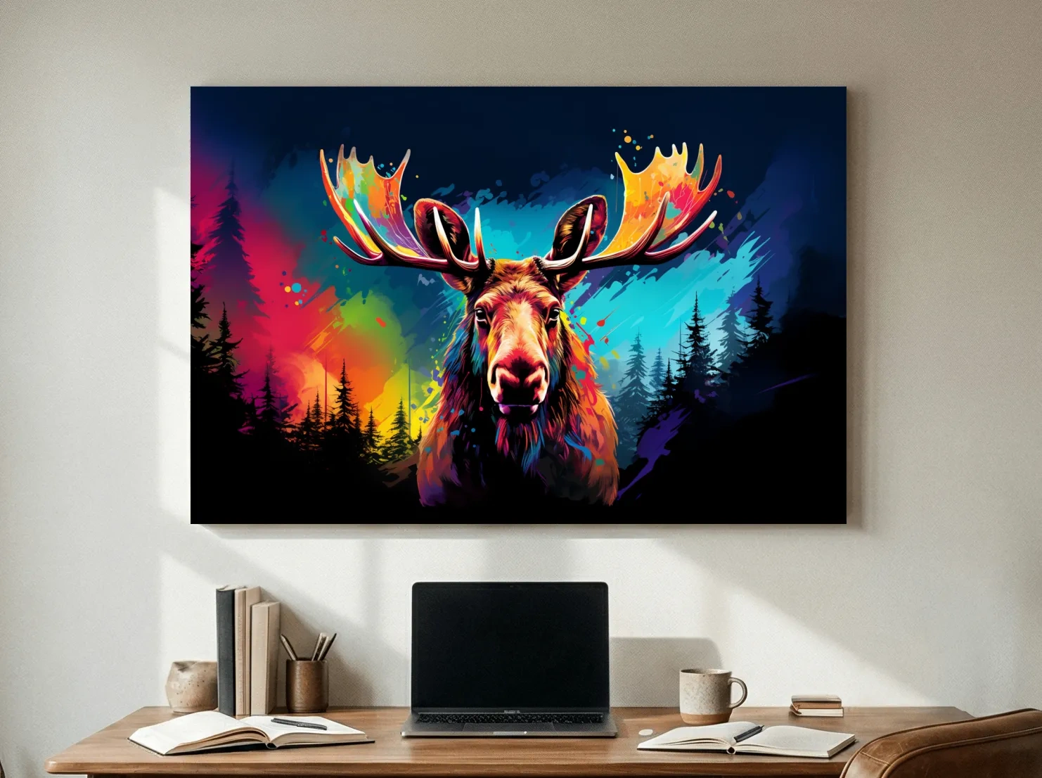 Vibrant Abstract Retro Moose Portrait - Colorful Splash Paint Wildlife Wall Art