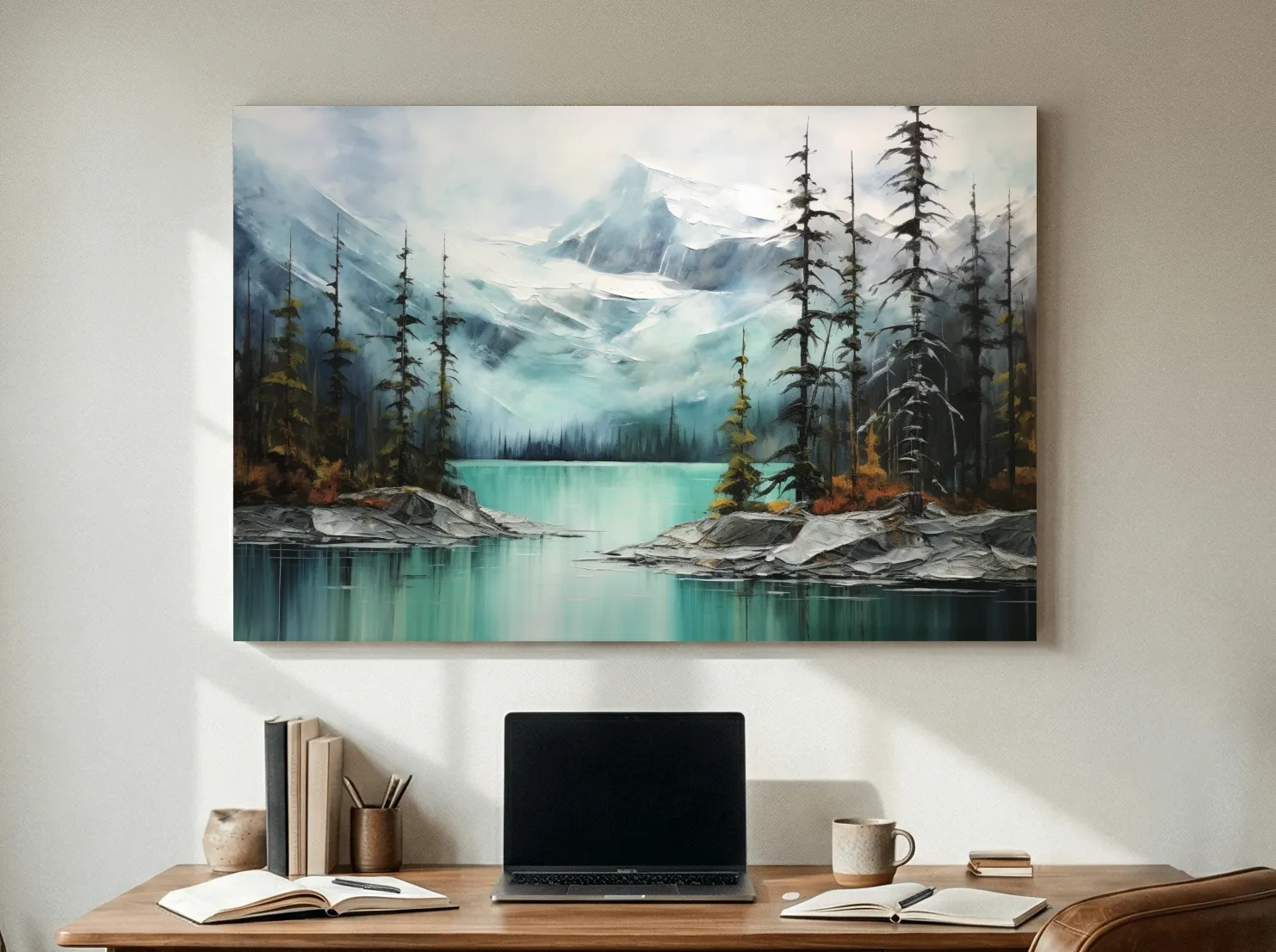 Misty Turquoise Mountain Lake Painting - Serene Alpine Forest Landscape Wall Art