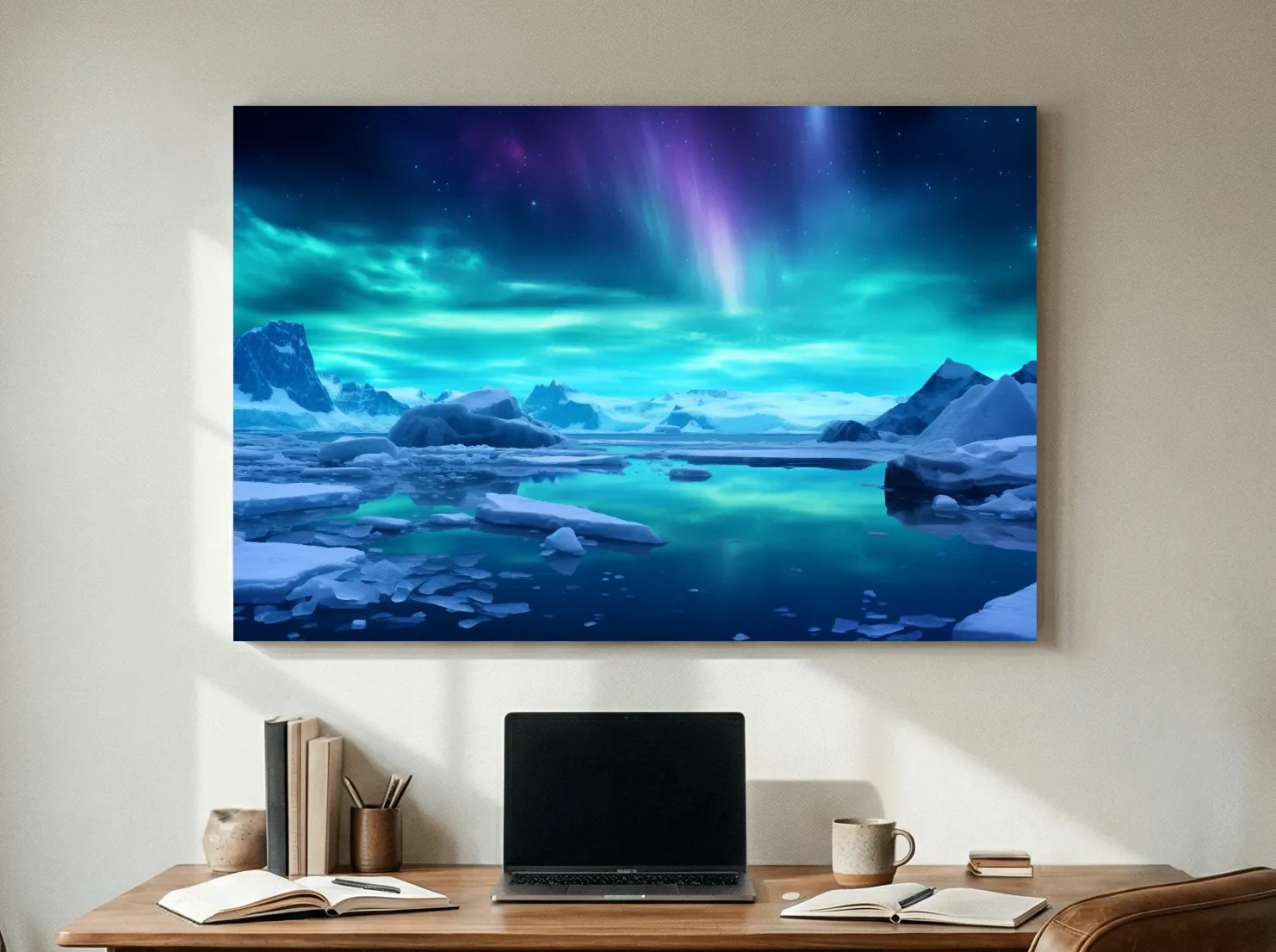 Vibrant Arctic Aurora Over Icebergs - Polar Night Photographic Wall Art