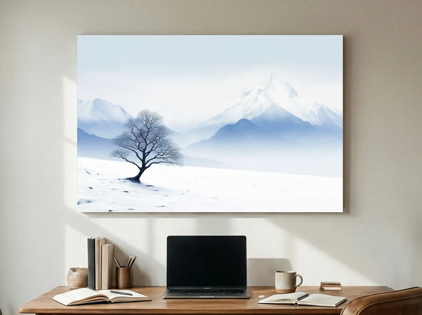 Minimalist Snowy Mountain Landscape With Lone Tree - Serene Winter Painting Wall Art
