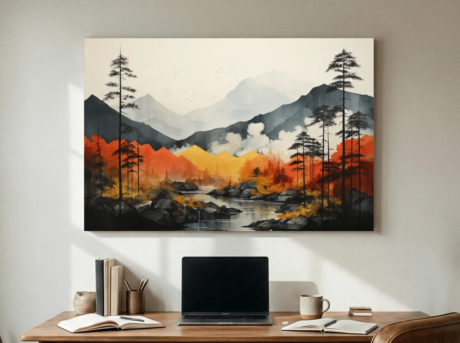 Surreal Mountain Lake Landscape - Autumn Forest Watercolor Wall Art