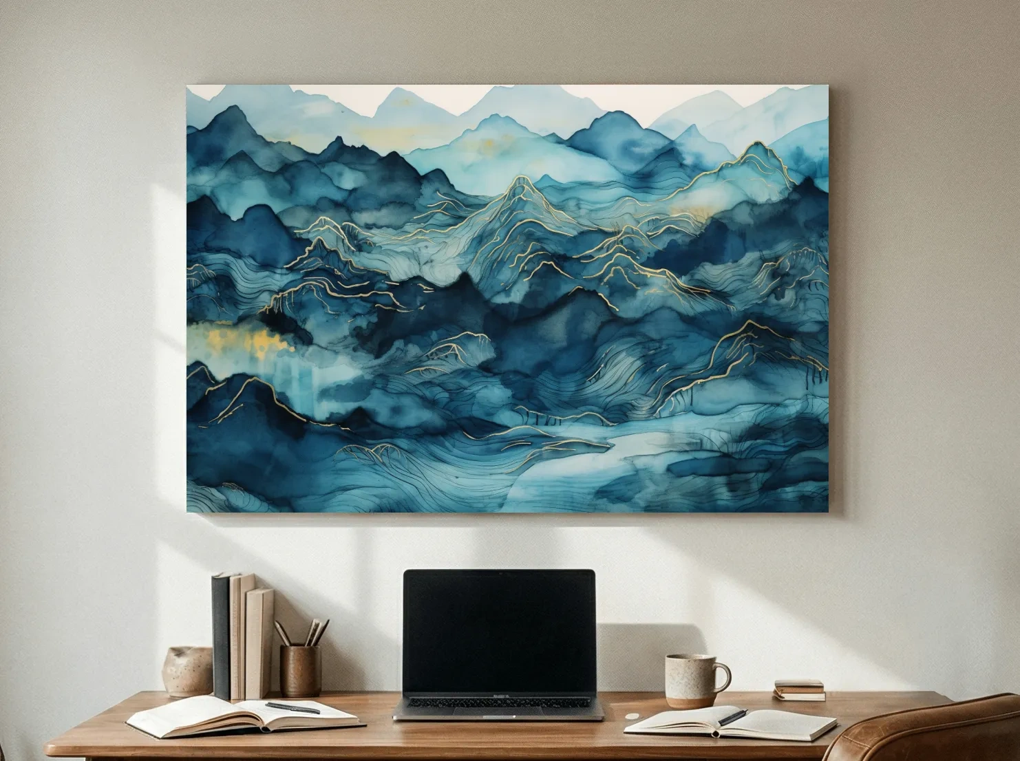 Watercolor Mountain Range With Gold Linework - Abstract Landscape Wall Art