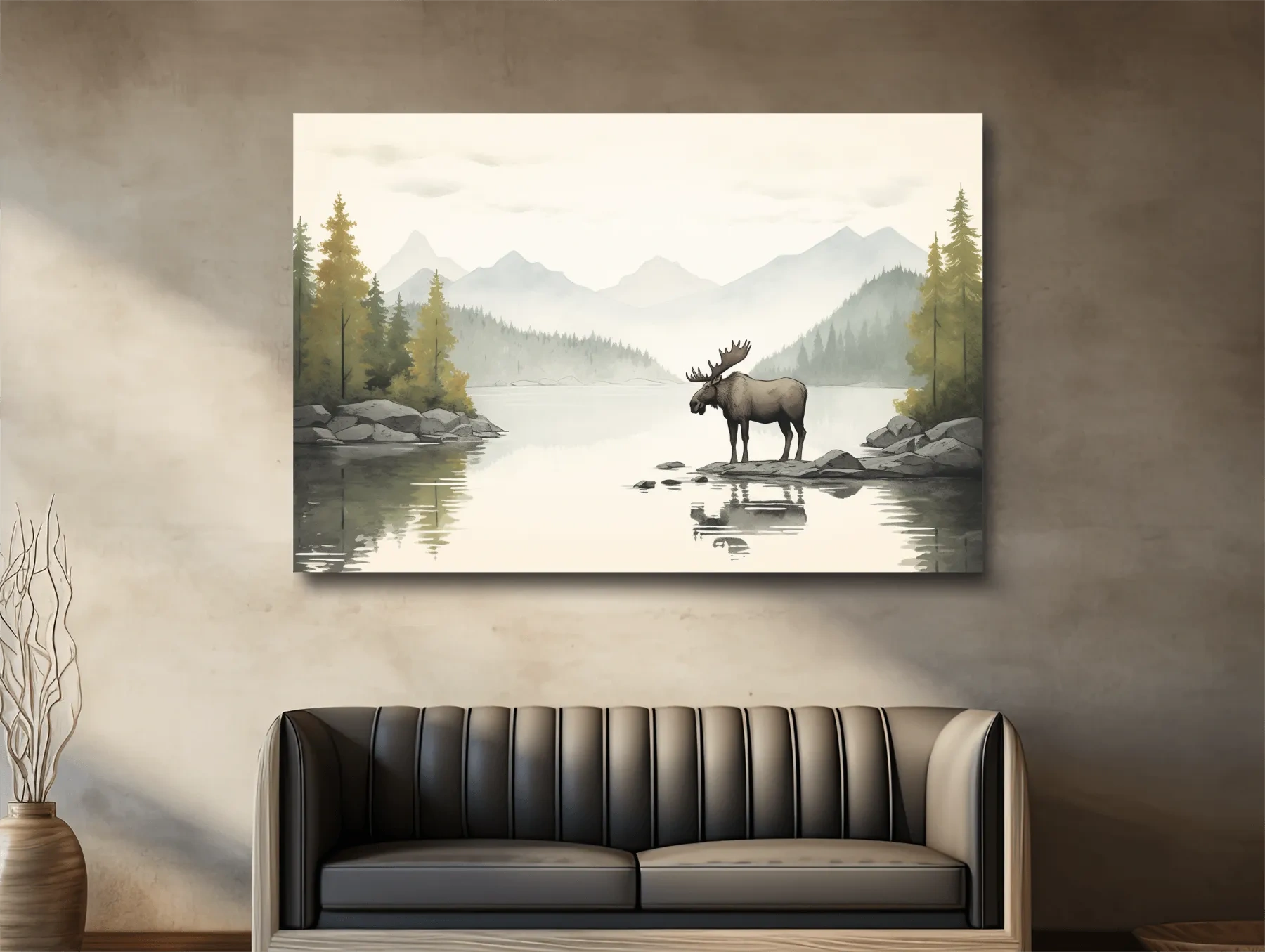 Childrens nursery illustration of a moose by a lake
