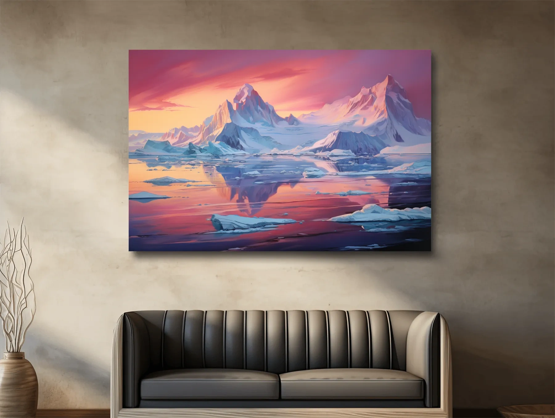 Painting of a sunset over the antarctic glacier