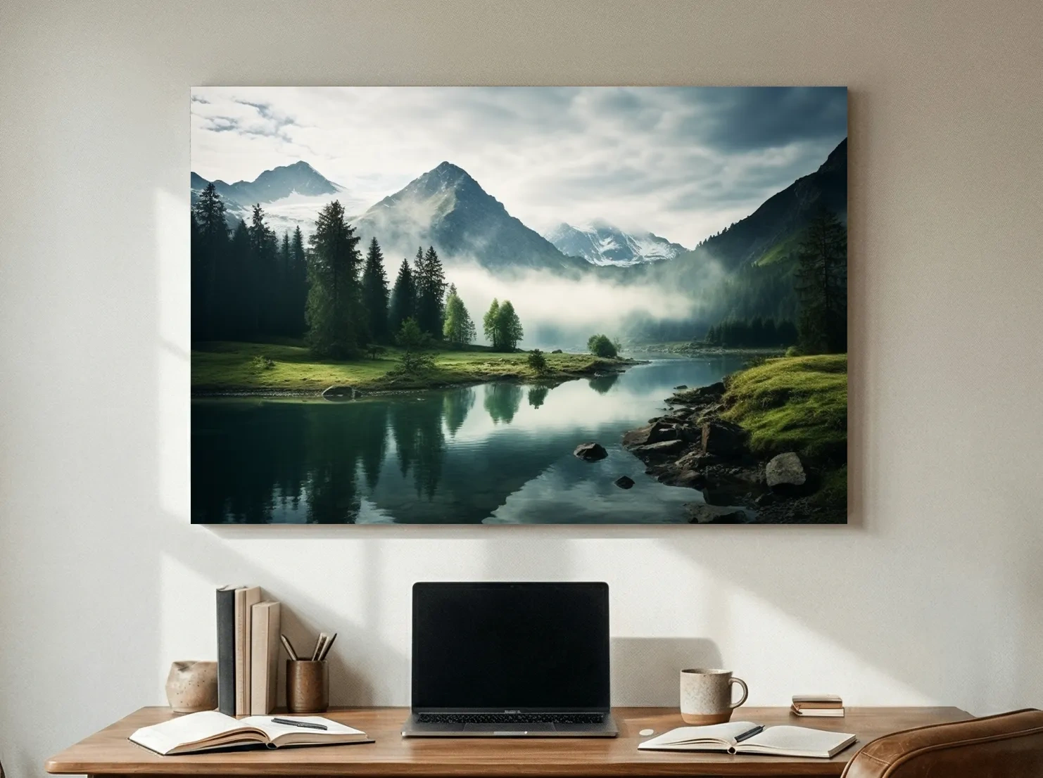 Misty Alpine Lake Reflection Landscape - Mountain Forest Photographic Wall Art