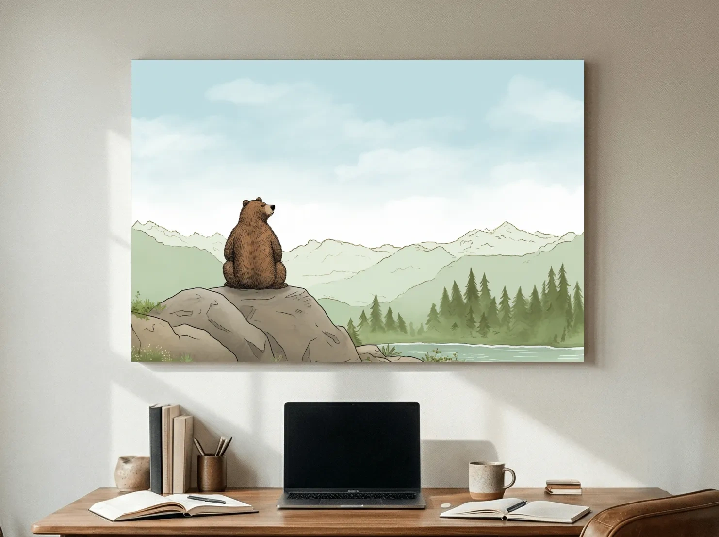 Whimsical Bear Overlooking Mountains - Cute Illustrated Nursery Wall Art