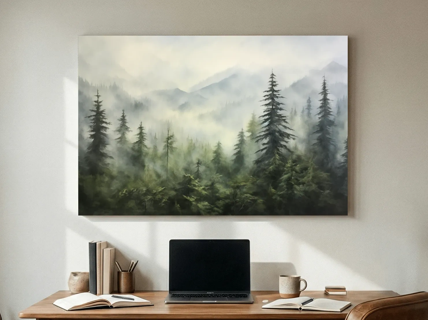 Misty Evergreen Forest Mountains Watercolor - Serene Foggy Landscape Artwork