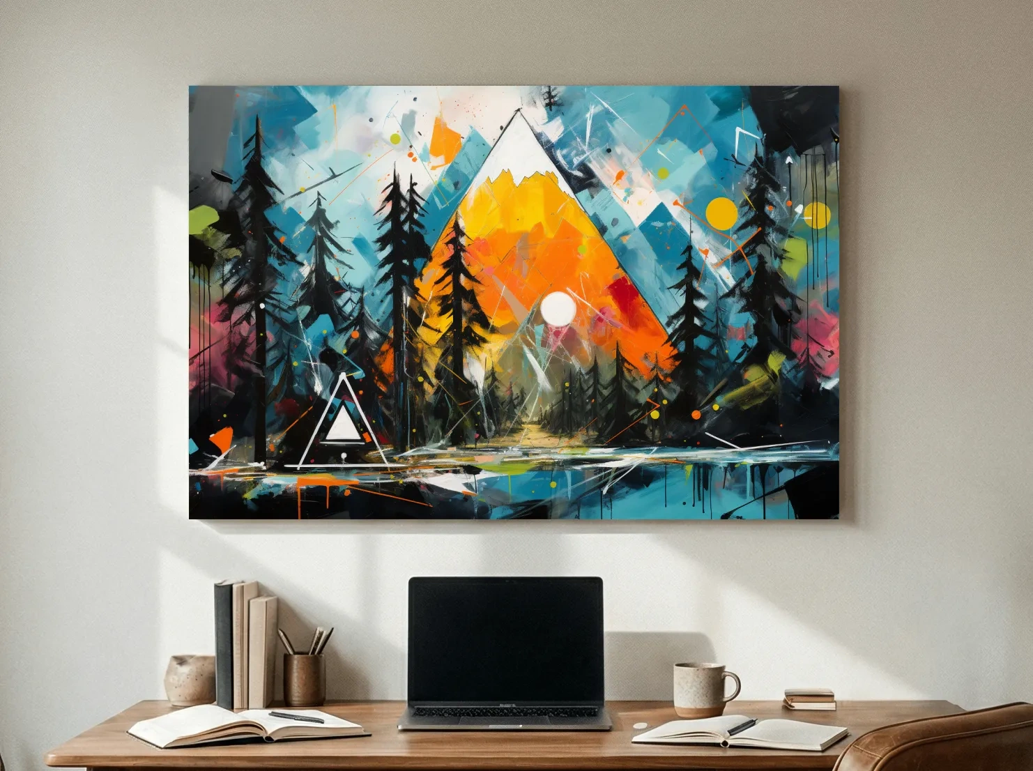 Vibrant Abstract Mountain Sunrise With Pine Forest - Energetic Landscape Wall Art