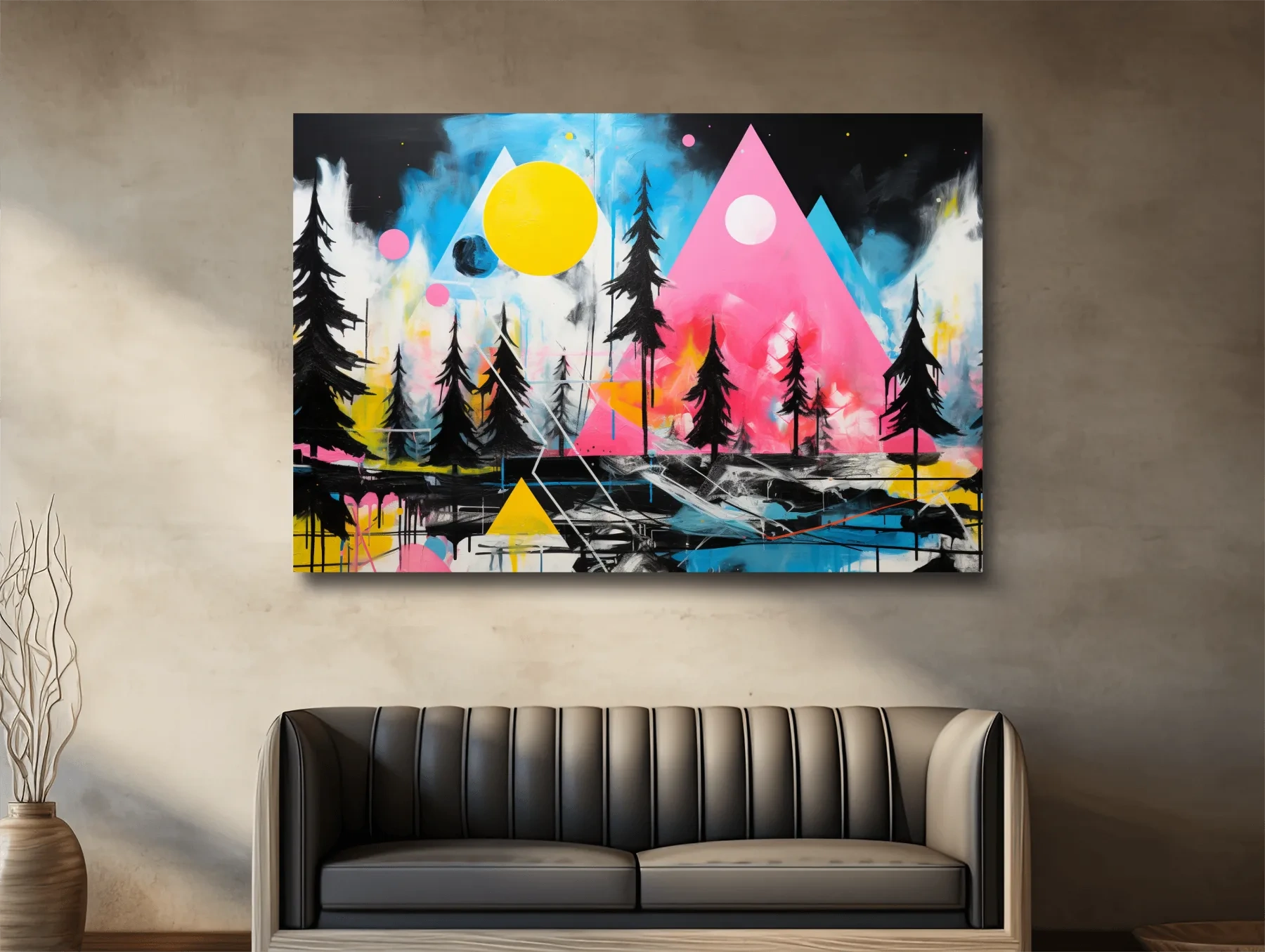 Neon Geometric Mountain Forest Painting - Vibrant Abstract Wall Art