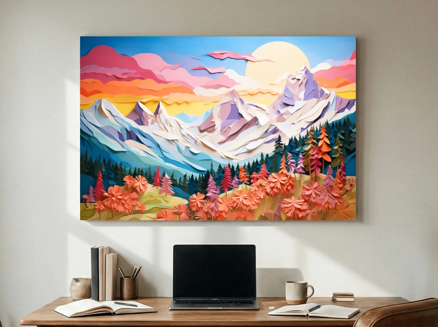 Layered 3D Paper Cut Mountain Sunrise Landscape - Colorful Alpine Meadows Wall Art Print