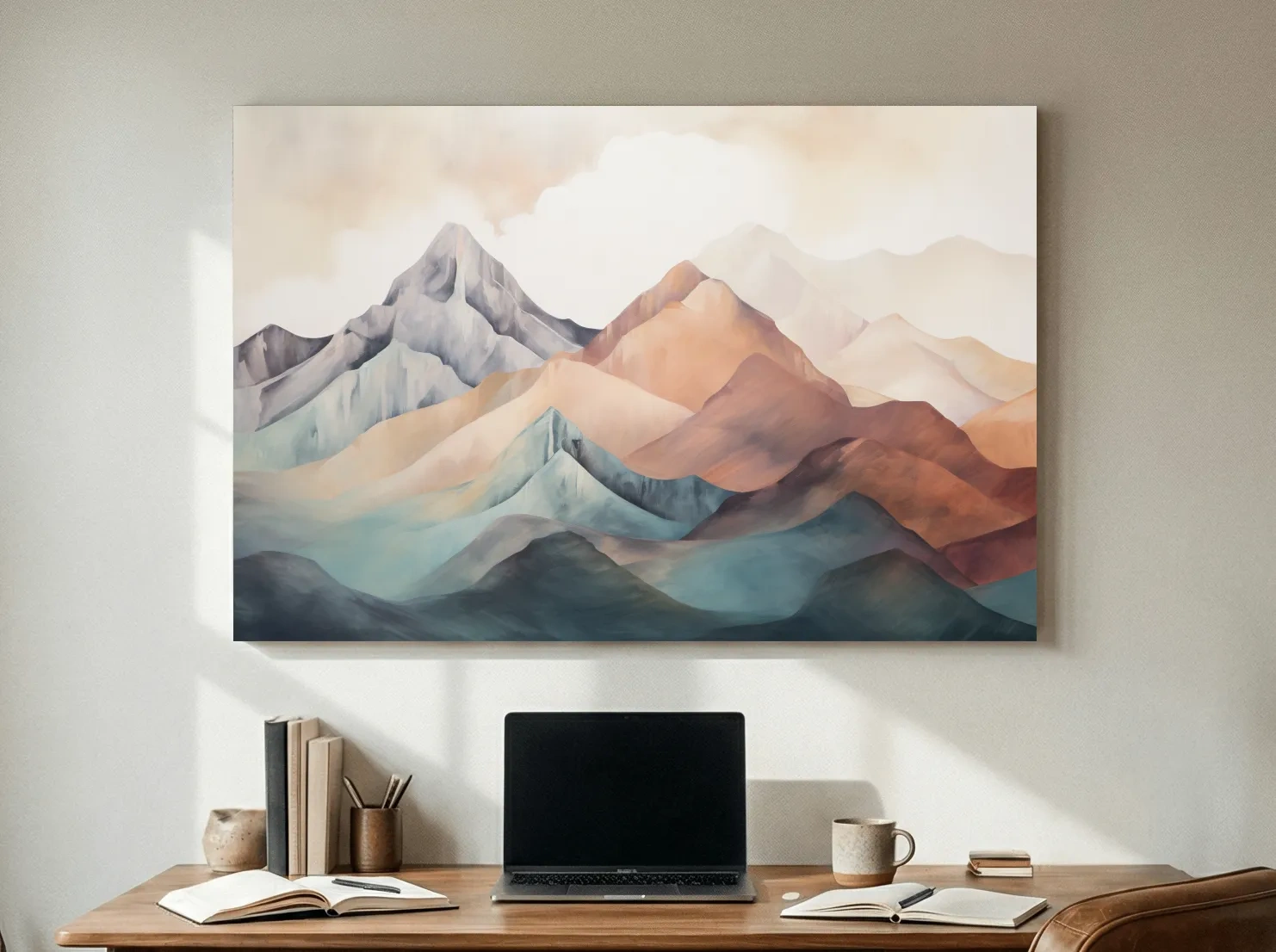 Abstract Watercolor Mountain Range Landscape - Serene Pastel Alpine Wall Art