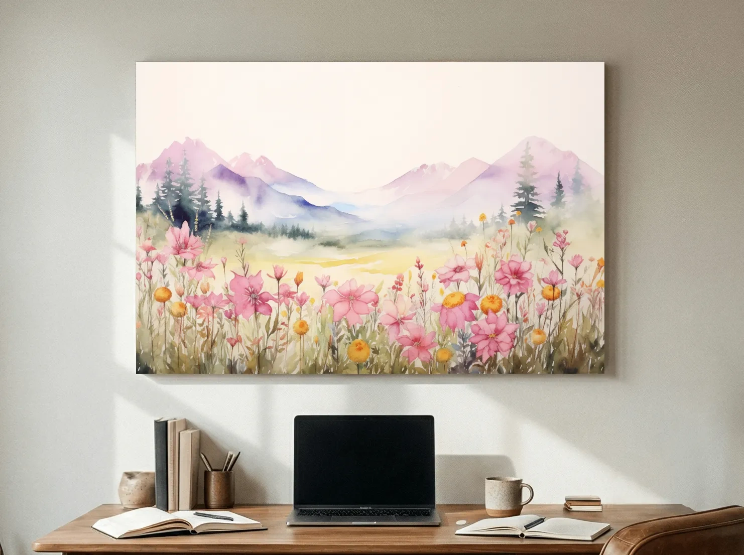 Pastel Wildflower Meadow Mountains Watercolor - Serene Alpine Wall Art