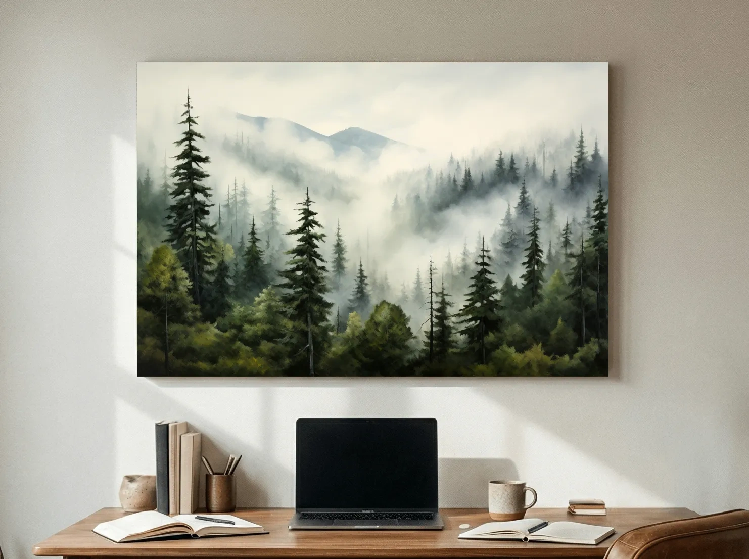 Foggy Alpine Mountain Forest Painting - Moody Watercolor Landscape Wall Art