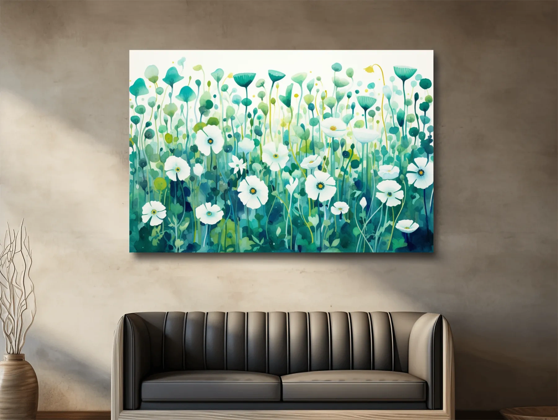 Painting of green flower patterns, colorful floral wall art