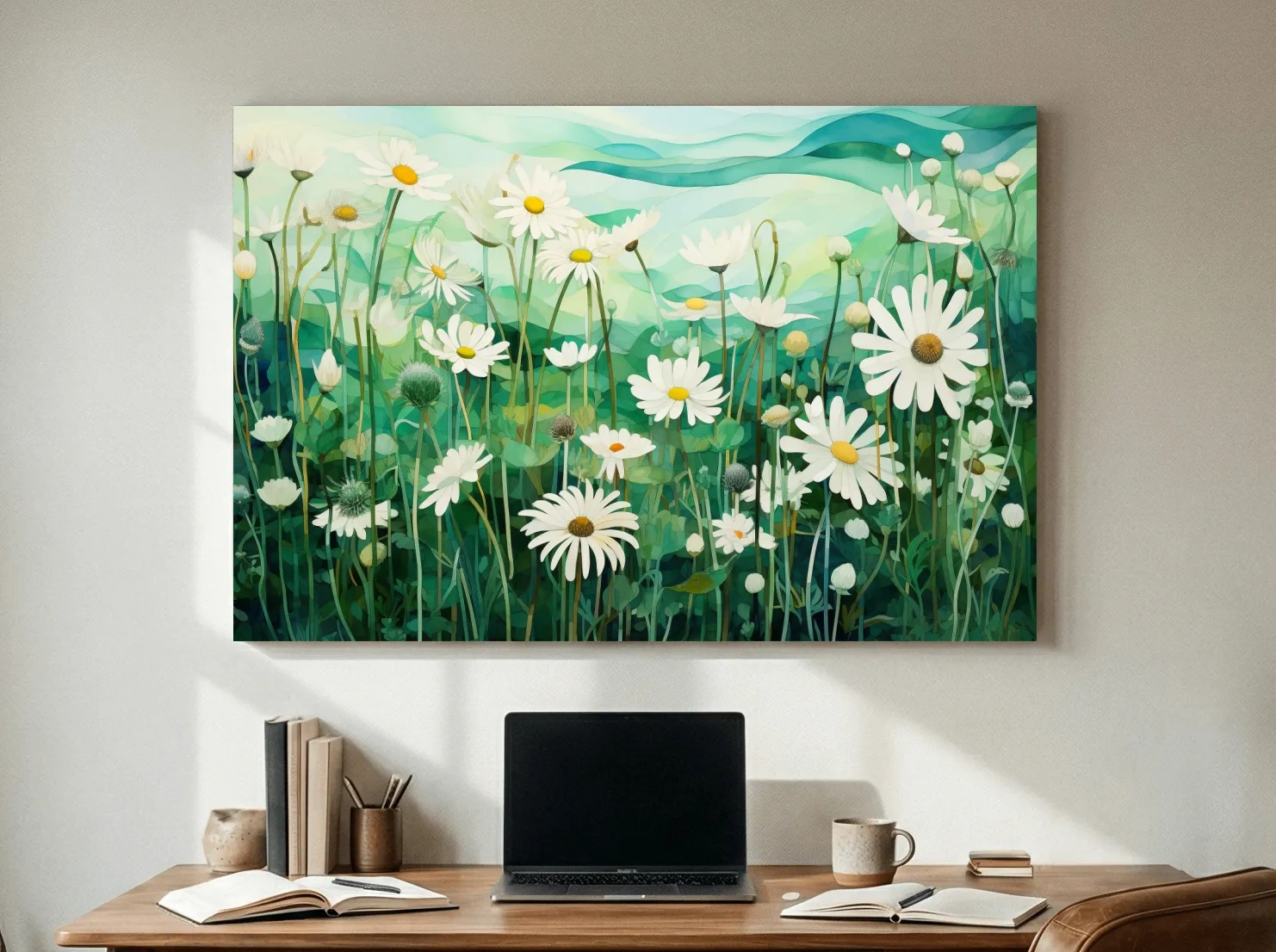 Whimsical Wild Daisy Meadow Landscape - Botanical Watercolor Style Wall Art