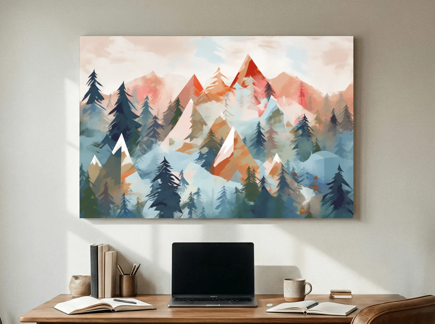 Abstract Watercolor Alpine Mountains And Pine Forest - Modern Geometric Landscape Wall Art
