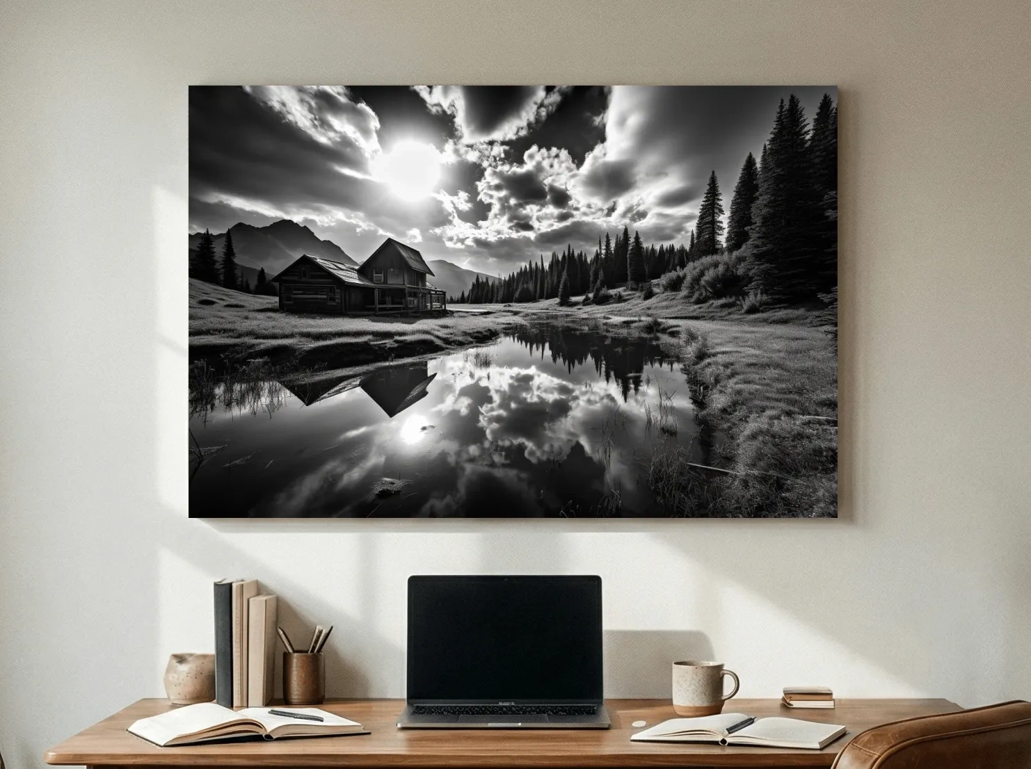 Moody Black And White Mountain Cabin Reflection - Dramatic Alpine Landscape Photography Wall Art