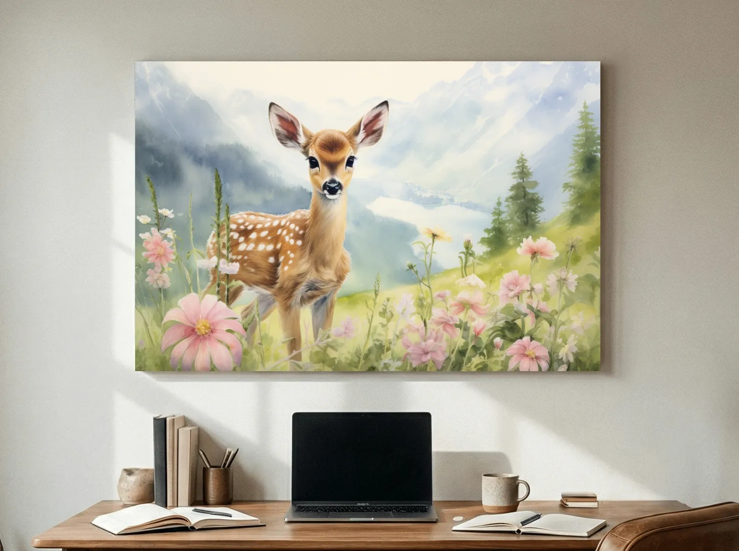 Watercolor Fawn In Wildflowers - Pastel Alpine Meadow Nursery Wall Art