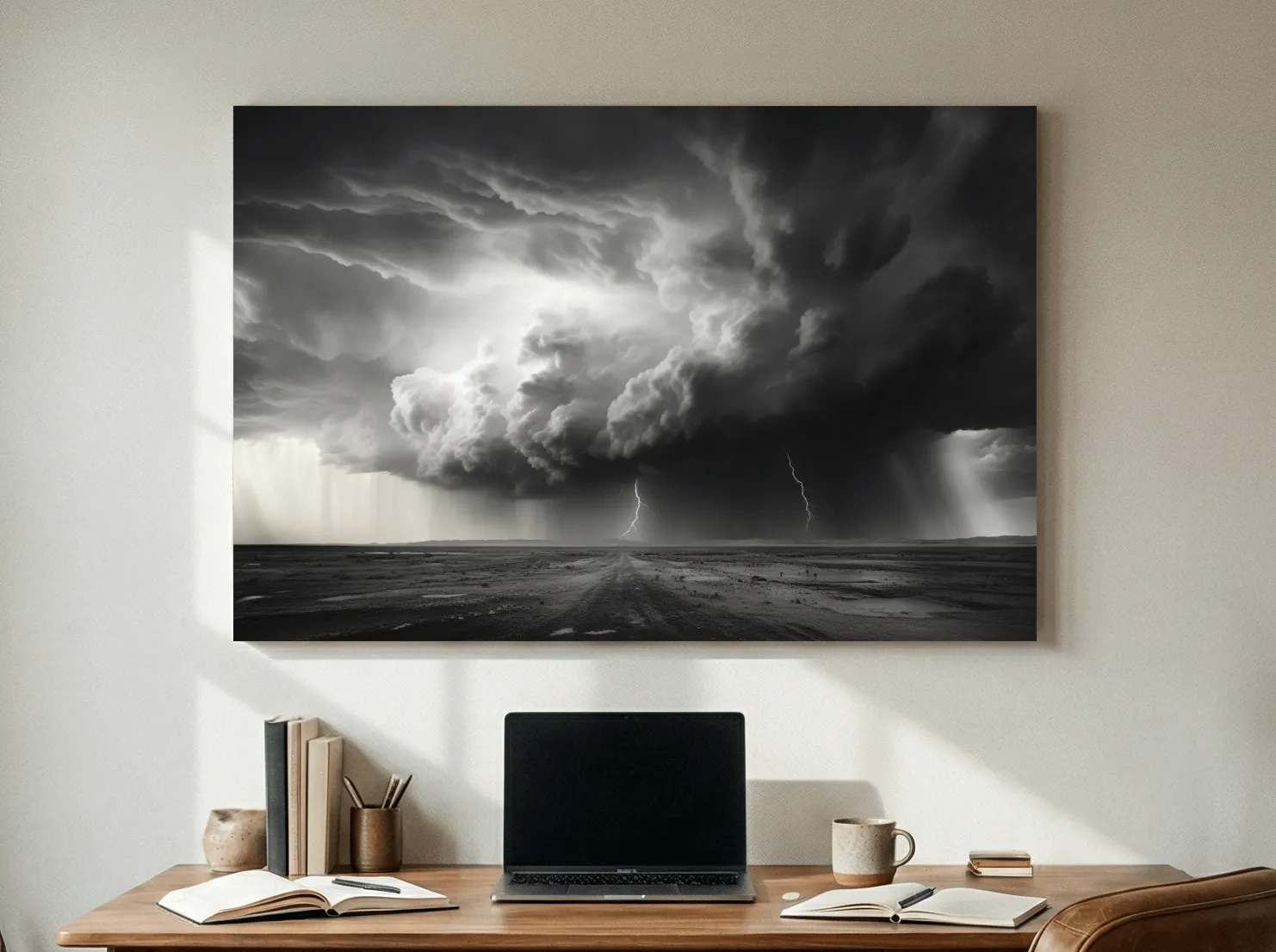 Moody Monochrome Thunderstorm Lightning Landscape - Dramatic Storm Cloud Wall Art