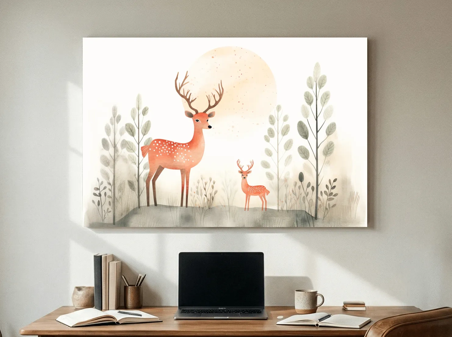 Whimsical Watercolor Deer Family Illustration - Scandinavian Nursery Forest Wall Art