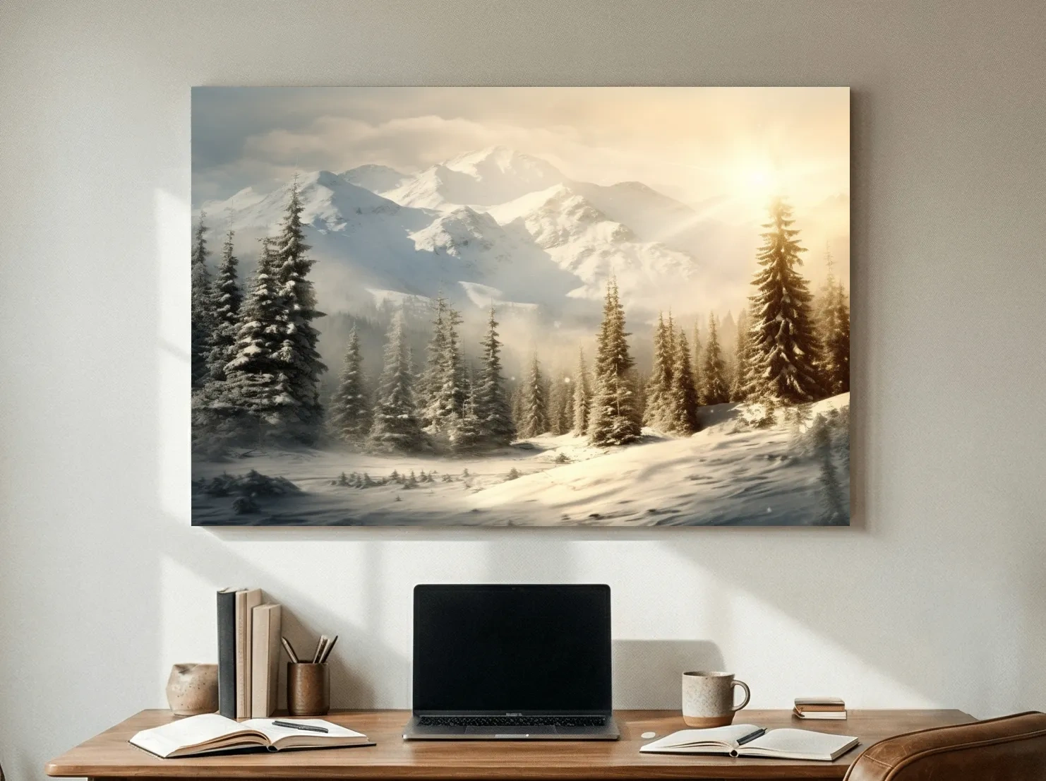 Golden Sunrise Snowy Mountain Landscape - Serene Winter Pine Forest Wall Art