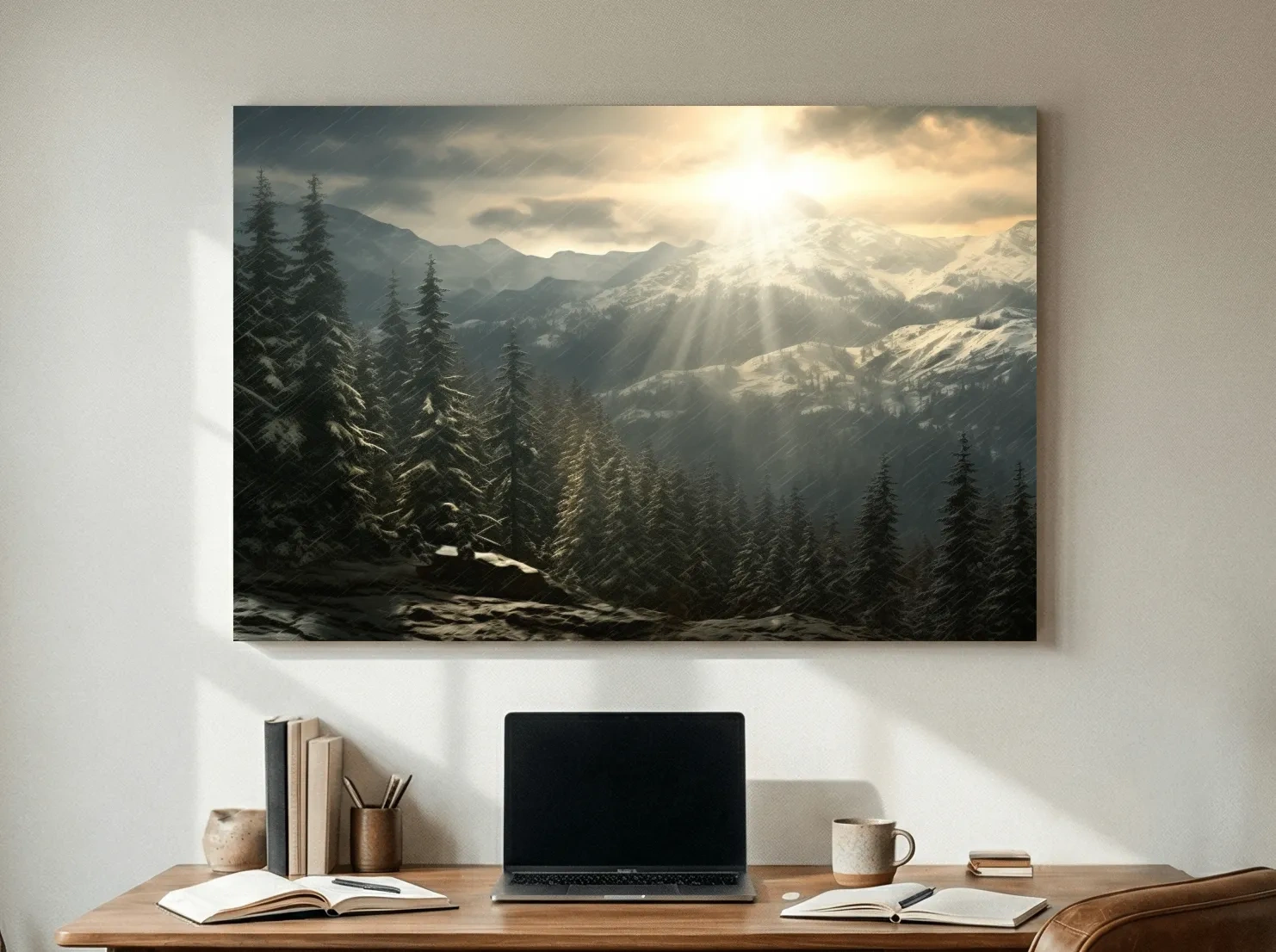 Mountain Snowstorm Sunrise Over Pine Forest - Dramatic Winter Landscape Artwork