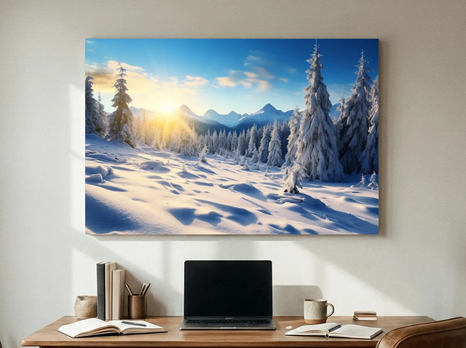Snowy Sunrise Alpine Forest Landscape - Serene Photographic Nature Wall Art
