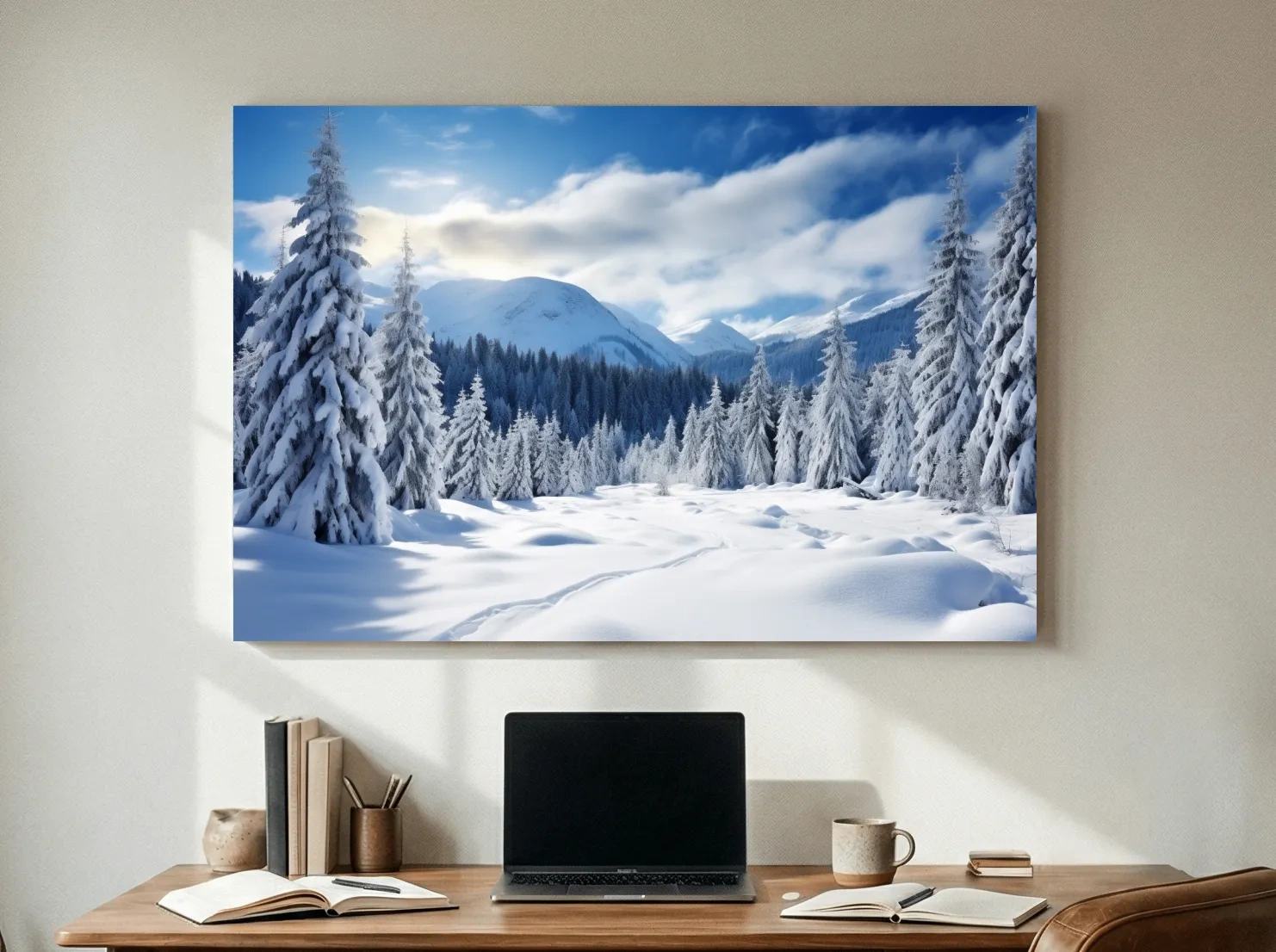 Snowy Alpine Mountain Forest Landscape - Winter Wilderness Photographic Wall Art