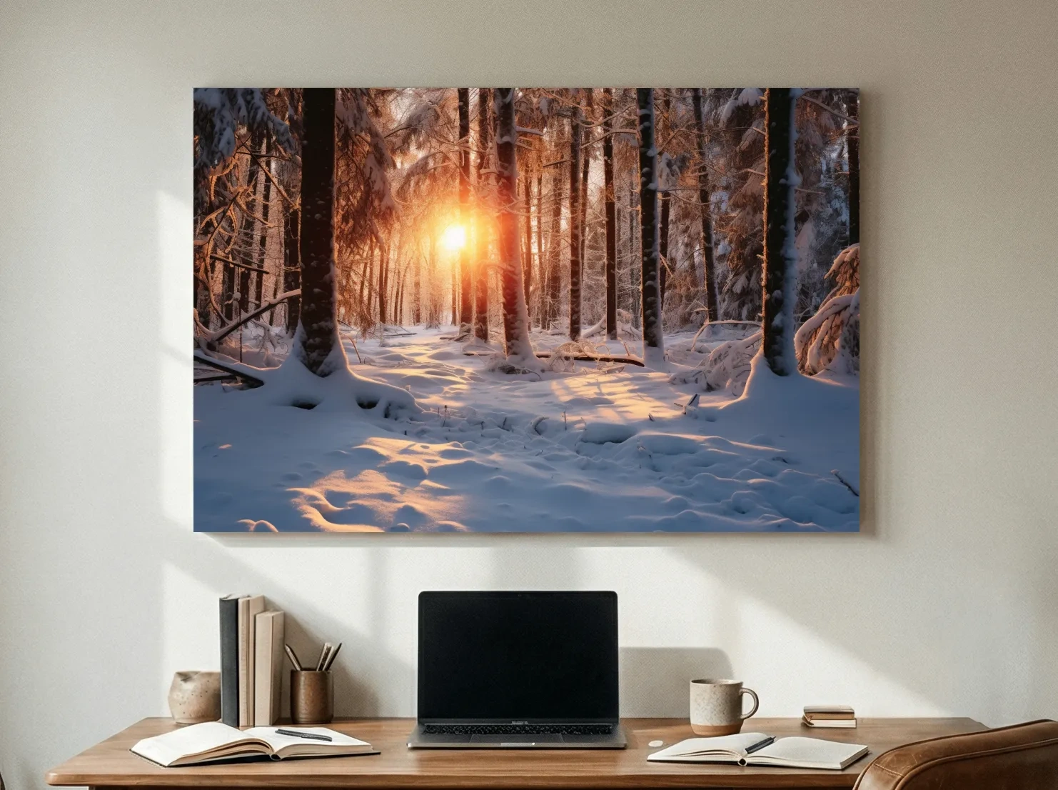 Golden Winter Sunrise Snowy Forest - Serene Nature Landscape Wall Art
